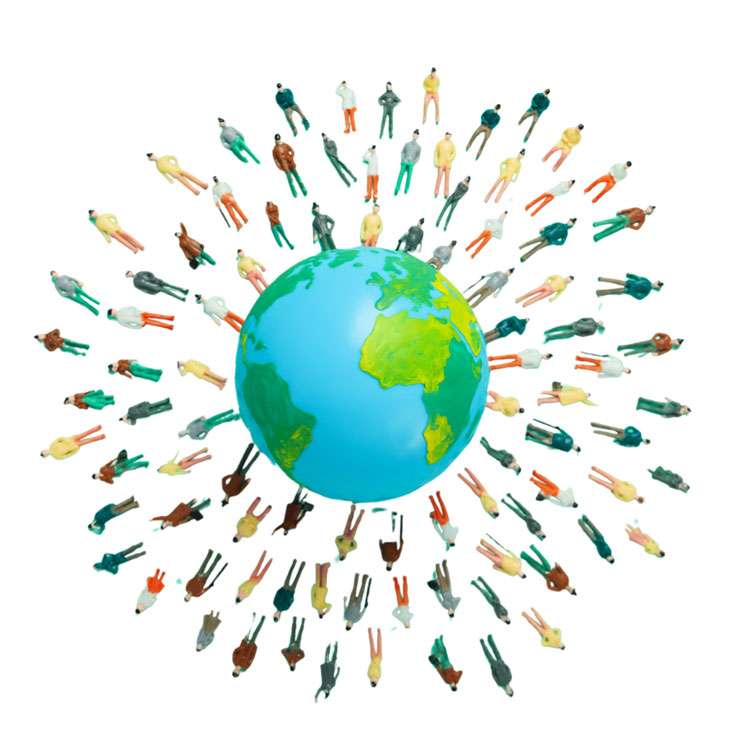 Graphic of a world surrounded by many people to show a connected world through sister cities relations like San Diego and Alcala de Henares.