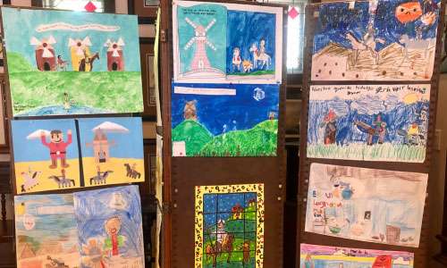 Artwork related to El Quijote. Symbolizing friendship with Alcala de Henares, Spain. Artwork from San Diego students.